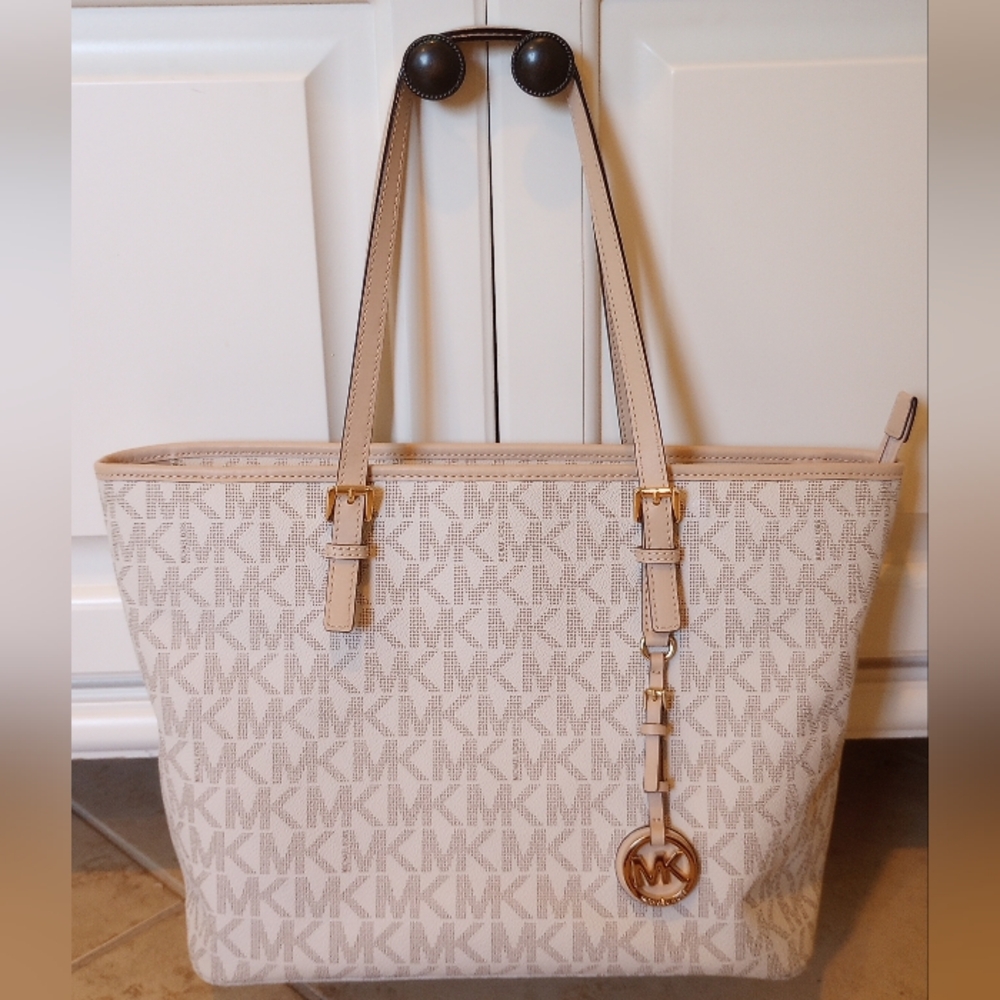 Michael Kors Beige + Cream Logo Tote with Gold Hardware